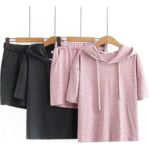 Plus Size Womens Suit Sportswear Womens Casual Summer Suit Short Sleeve Hooded T-shirt Top & Wide Leg Shorts 2 pcs Sets Female