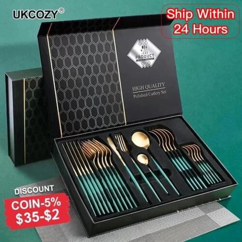 24pcs Gold Dinnerware Set Stainless Steel Tableware Set Knife Fork Spoon Luxury Cutlery Set Kitchen Flatware Dishwasher Safe