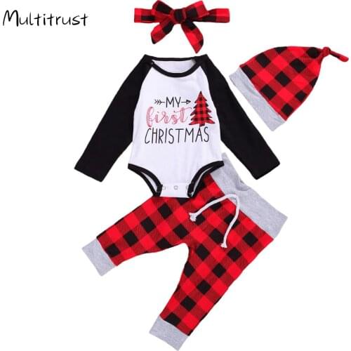 Newborn Infant Baby Boys Letter Bodysuit Plaid Pants Headband Hat Outfit Fashion Long Sleeve O-neck Christmas Baby Girls Clothes