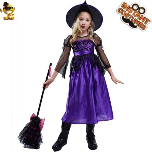 Girls Purple Witch Costume for Halloween Party Fancy Dress Up Carnival Role Playing Cute Wizard Outfits for Kids Children