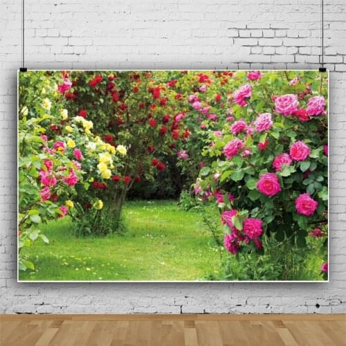 Garden Beautiful Green Grass Rose Bushes Portrait Photography Backdrop Decor Photo Background Studio Photocall Props