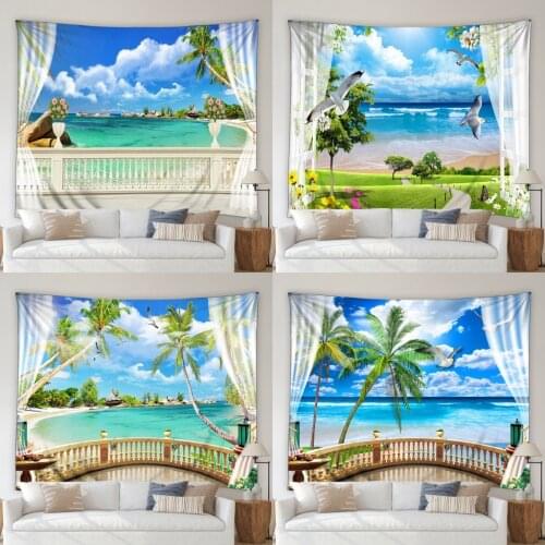 Ocean Beach Landscape Tapestry Waterfall Mountain Green Tropical Plants Palm Tree Cactus Living Room Mural Wall Hanging Blanket