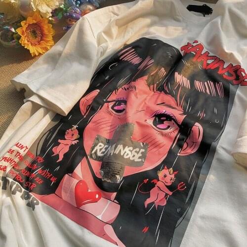 Japanese Cute Cartoon Sweet Girls Streetwear Harajuku Punk Gothic Fun Casual Tops Summer Kawaii Vintage Y2K Loose Women T-Shirt