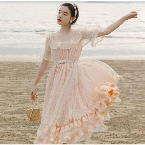 JSXDHK Elegant Summer Boho Beach Long Dress Women Ruffles Mesh Dot Patchwork Lace Pink High Waist Fairy Holiday Ball Gown Dress