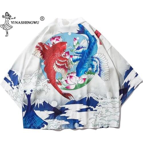 Japan Kimono Traditional Yukata Women Harajuku Carp Print Kimono Cardigan Femme Leisure Blouse Kimono Cosplay Costume Thin Shirt