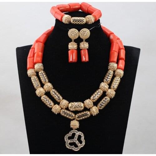 African Wedding Bridal Orange Coral Beads Jewelry sets Nigerian Women Beads Necklace Jewelry Set Free ShippingABH287