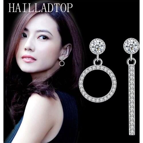 Round Linear Geometric Earrings Feminine Long Zirconia Tassel Eardrop Crystal Silvering Earrings Trendy Asymmetric Earring Gift