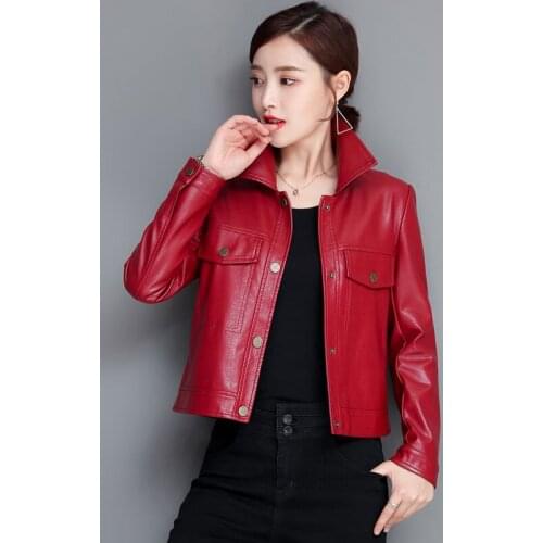 Spring Autumn Women PU Faux Leather Jacket Streetwear Black Sheepskin Coat Biker Moto Jacket Single-breasted Female Outwear Y489