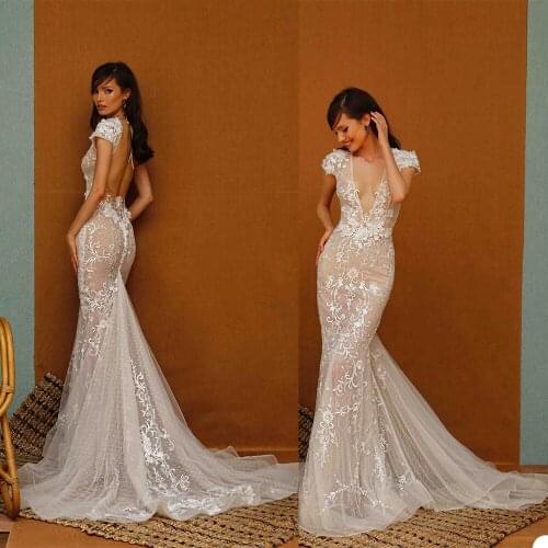 New Wedding Dresses V Neck Capped Sleeve Lace Appliques Mermaid Bridal Gowns Custom Made Sexy Backless Sweep Train Wedding Dress