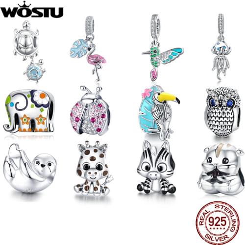 WOSTU Animal Zoo Flamingo Charm 925 Sterling Silver Elephant Owl Beads Ladybug Pendant Fit Original Bracelet DIY Jewelry Making