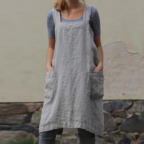 Solid Color Anti-oil Cross Back Pockets Kitchen Cooking Apron without Waist Ties