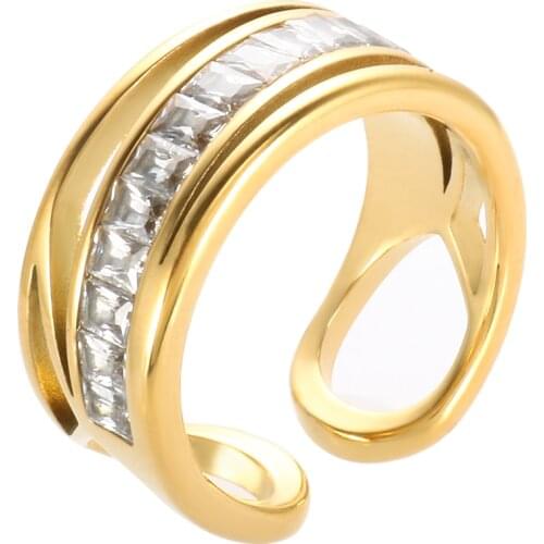 Luxury Cross CNC Zircon Square Rhinestone Rings For Women Men Simple Gold-plated Crystal Stainless Steel Couple Finger Jewelry