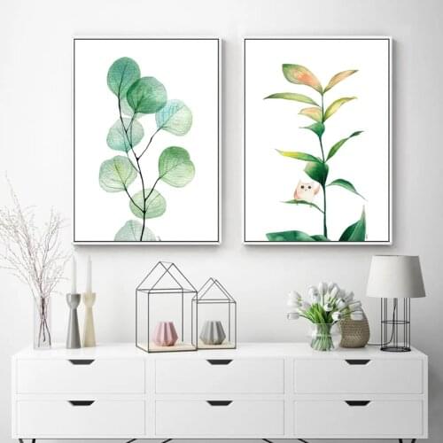 Modern Abstract Wall Art Green Leaves Paintings Wallpaper Nordic Plant Watercolor Poster Prints Living Room Bedroom Decoration