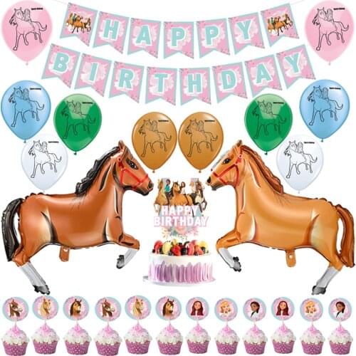 Spirit Riding Horse Balloons Girls Happy Birthday Banner Flag Cartoon Forest Animal Farm Party Supplies Decoration Cake Topper
