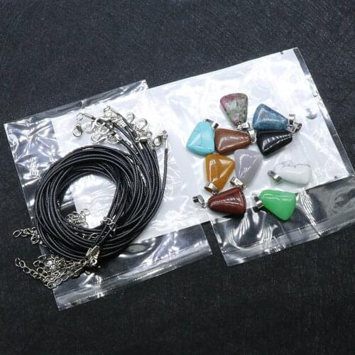 10pcs Trapezoid Pendants & 10pcs Leather Rope Natural Stone Pendants Necklace Healing Energy Pendulum For Jewelry Making 20*16mm
