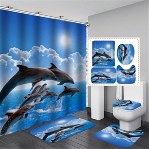 3D Ocean Design Dolphin Waterproof Fabric Bathroom Curtain Shower Curtains Set Anti-skid Rugs Toilet Lid Cover Bath Mat