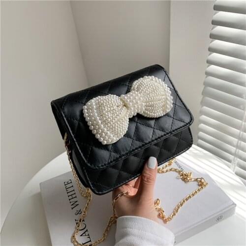 Ladies Diamond Lattic Chain Pearl Bow Small Square Bag 2021 Summer Autumn New Designer PU Women Shoulder Messenger