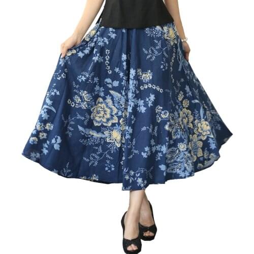 Shanghai Story 2019 New Sale Womens Skirt Vintage Peach Blossom Floral Print Blend Linen Long Skirts For Woman