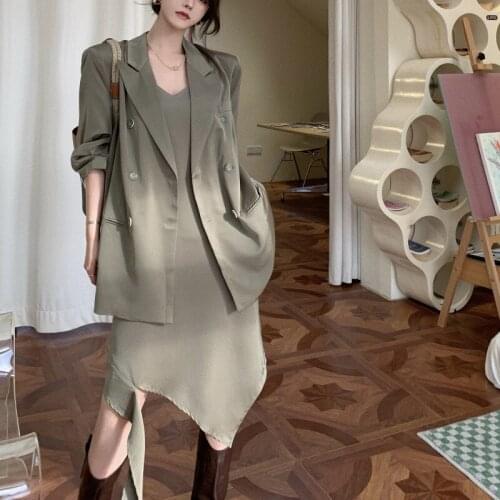 Autumn Loose Blazer Sets Elegant Two Piece Set Women Suit Coat + Casual Irregular Hem Long Strap Dress Suits 2 Piece Outfits