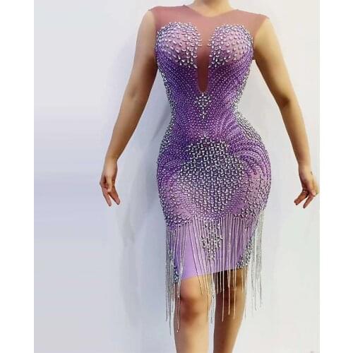 Female Sexy Slim Dress Singer Performance Stage Costume Purple Full Rhinestone Tassel Evening Dresses Club Rave Outfit VDB4035