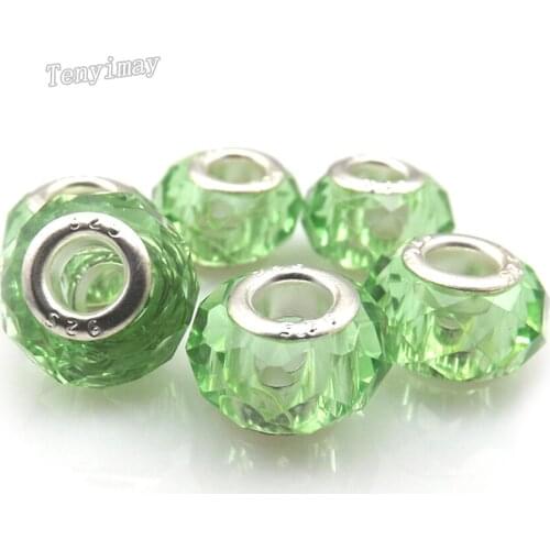 100pcs European Charm Beads Light Green Big Hole Faceted Glass Beads Fit DIY Free Shipping