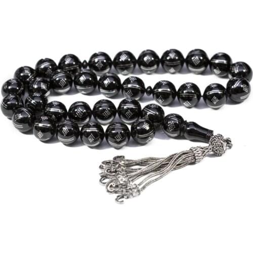 Big Natural Jet Stone Prayer Bead With Silver Tassel Men Rosary With Silver Inlay Islamic Tasbih 925 Sterling Silver