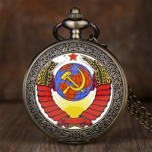 Vintage Steampunk CCCP Soviet Union Sickle Hammer Retro Quartz Pocket Watch With Chain Necklace Pendant Fob Watch men PB603