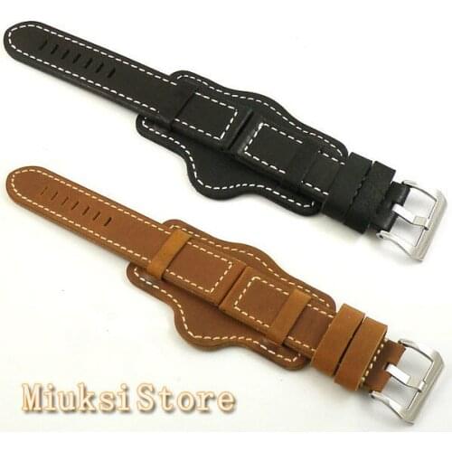 Parnis 24mm black/brown leather Strap stainless steel buckle buckle fit 24mm lug watch