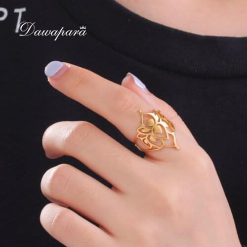 Dawapara Intage Lotus Rings for Women Girls Adjustable Resizable Cuff Ring Flower of Paradise Stainless Steel Jewelry Gifts
