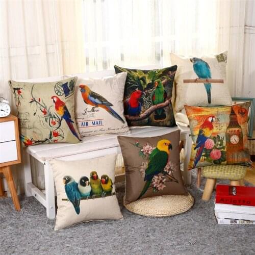Hap-deer Linen Cottom Printed Cushion For Sofa Car Seat Colour Parrot Housewarming Gift Throw Pillow Retro Home Decorative