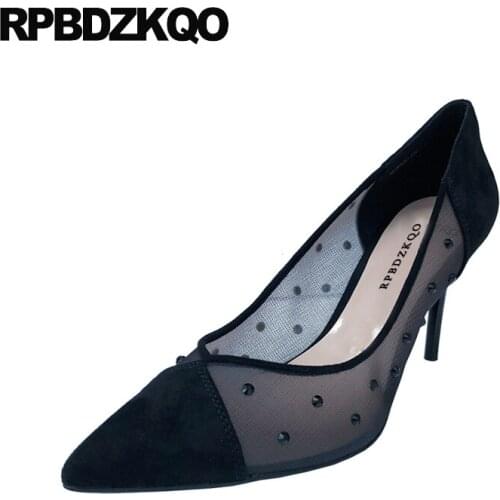 Mesh Diamond Suede Rhinestone Stiletto Jewel 8cm High Heels Evening Black Pumps Pointed Toe Crystal Shoes Women 2021 Trending