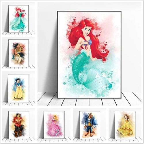 Canvas Paintings Disney Watercolor Snow White Mermaid Princess Posters and Prints Wall Art Pictures for Living Room Home Decor