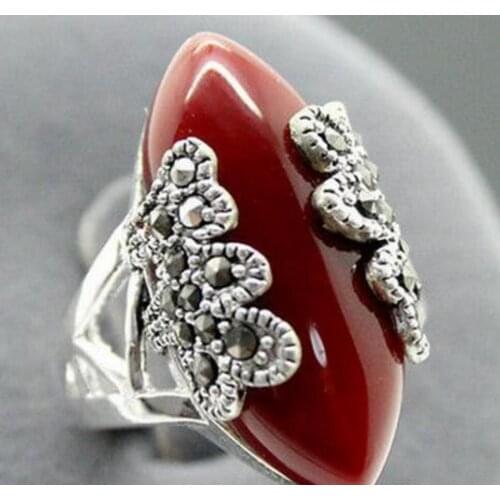 Fashion jewelry good wholesale Beautiful Marcasite 925 red Natural jade jewelry sterling silver ring size 7-10