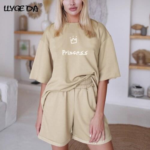 Letter Print Female Shorts Sets Womens Suit Solid Two Pieces Set O Neck Top+high Waist Pant 2021 Summer Loose Casual Loungewear
