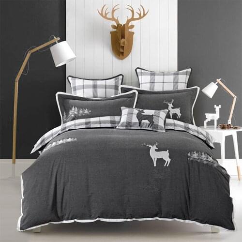 Queen King Size 100% Cotton Grey Bedding Sets Soft Bedclothes Embroidery Deer Penguin Bed Sheet Set Duvet Cover Pillowcases 4Pcs
