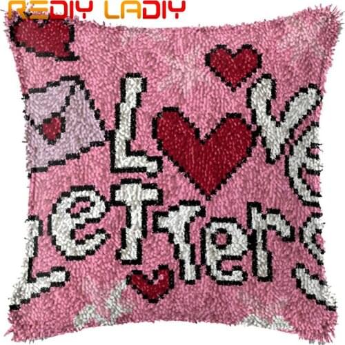 Latch Hook Cushion Pink Love Letters Pillow Case Printed Color Canvas Acrylic Yarn Latched Hook Pillow Crochet Cushion Cover Kit
