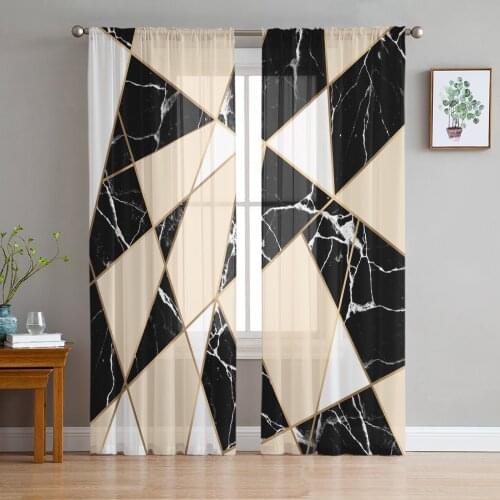 Squares Black Texture Marble Lines Tulle Sheer Window Curtains for Living Room Kitchen Children Bedroom Voile Hanging Curtain