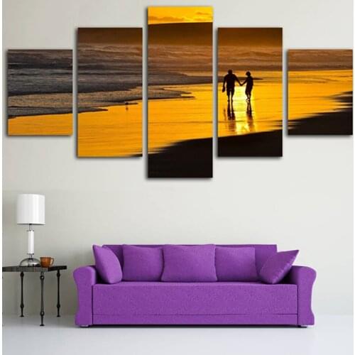 Wall Art Framework Living Room HD 5 Panel Romantic Couple Walk On Beach Sunset View Home Decor Poster Print Painting