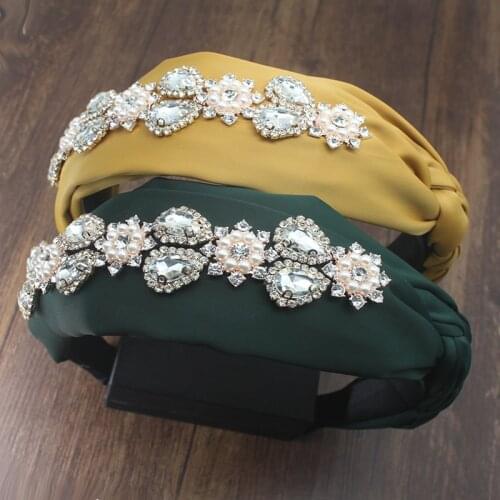 Ethnic Style Glitter crystal pearl Wide Headband Women Handmade Braided Hair Hoop Rhinestone Solid Color Twists Tiara Headwear