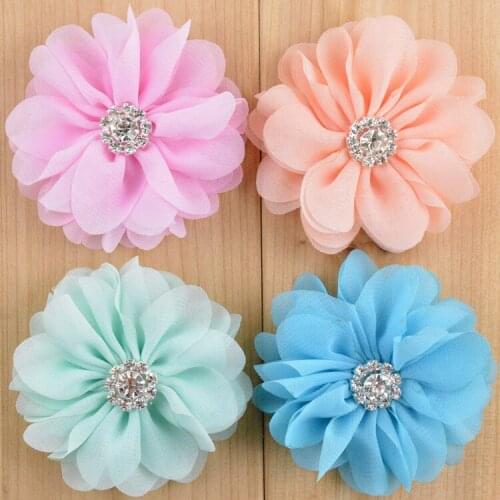 Wholesale 200pcs/lot 2.8'' Chiffon Fabric Flowers Rhinestone Center DIY for Headband Hat Garment Free Shipping FH31