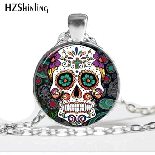 Glass Photo Pendant Necklace,Cross Giant Cutout Sugar Skulls Necklace,Skull Necklace,Glass Photo Cabochon Necklace HZ1