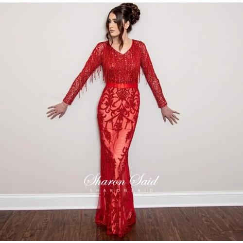 Elegant Red Mermaid Muslim Evening Dress Long Sleeve Luxury Beading Tassel Arabic Dubai Formal Prom Dresses for Women Wedding