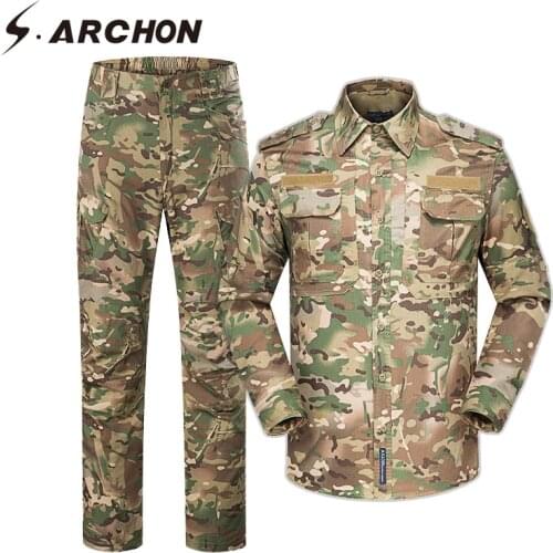 S.ARCHON Tactical Camouflage Uniform Suit Military Shirt Cargo Pants Multi Pockets Durable Working Army Soldier Jacket Clothing