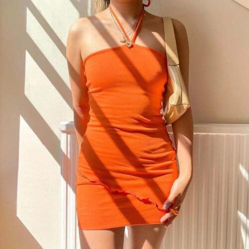 Sexy Solid Green Halter Ruffle Women Dress Off Shoulder Orange Patchwork Pencil Dresses Elegant Lace Up Female Dress Vestidos