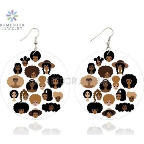 SOMESOOR All My Sisters Afro Natural Hair Art Designs Wood Earrings Both Sides Printed Curls Braid Melanin Girls For Women Gifts