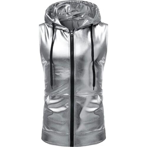 Hoodie Jacket Zipper Cardigan Casual Vest Coats Tops Tee Men Shiny Silver Gold Metallic Nightclub Party Dance Zipper Sleeveless