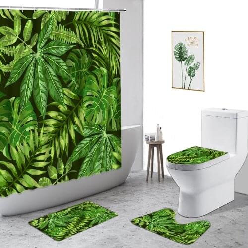 Tropical Plants Flowers Green Leaf Shower Curtains Monstera Leafs Home Decor Background Bathroom Set Non-Slip Bath Mats Carpet