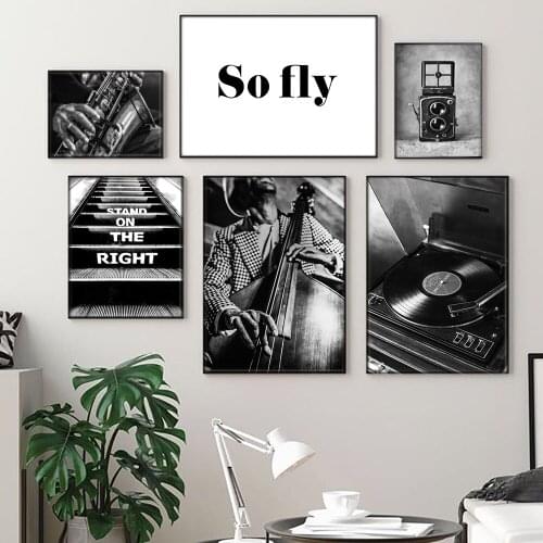 Vintage Poster Classic Motorcycle Bass Saxophone Record Black White Wall Art Print Canvas Painting Decor Picture For Living Room