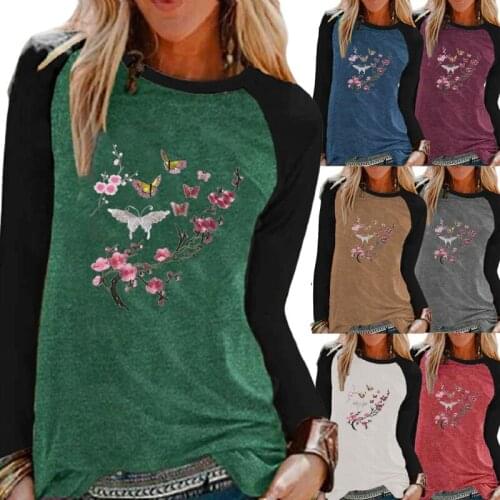Autumn Fashion Ladies Casual Long Sleeve Tops Floral Print Round Neck Loose T-shirt Pullover Sweatshirt Women Plus Size T-shirt