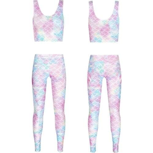 Womens Tracksuit Sportswear Fish Scale Print Sweat Suit Fitness Yoga Sets Sport Gym Workout Outfits Cropped Top with Leggings